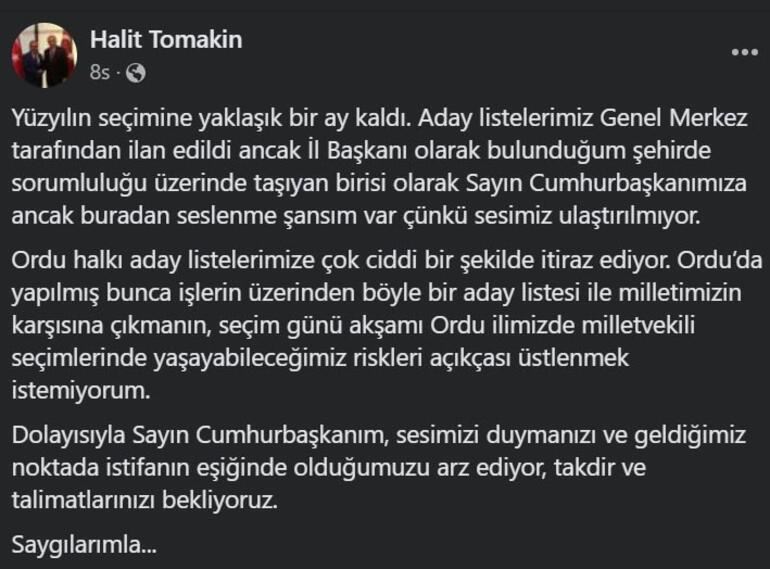 AK Parti İl Başkanı Halit Tomakin görevden alındı