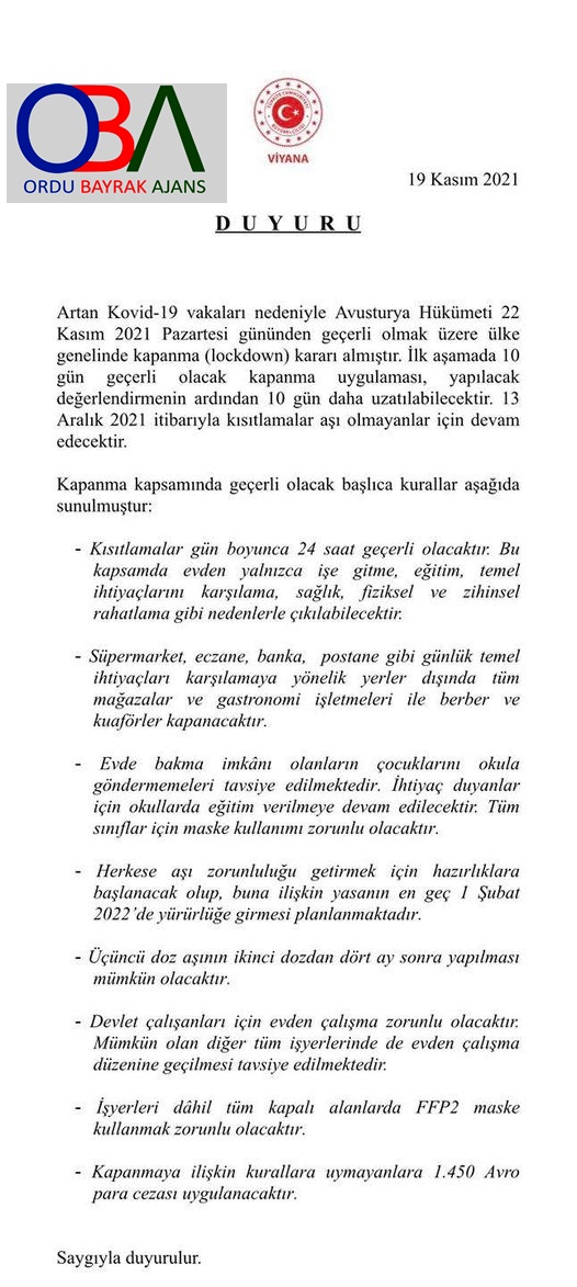 Avusturya’da sokağa çıkma yasağı