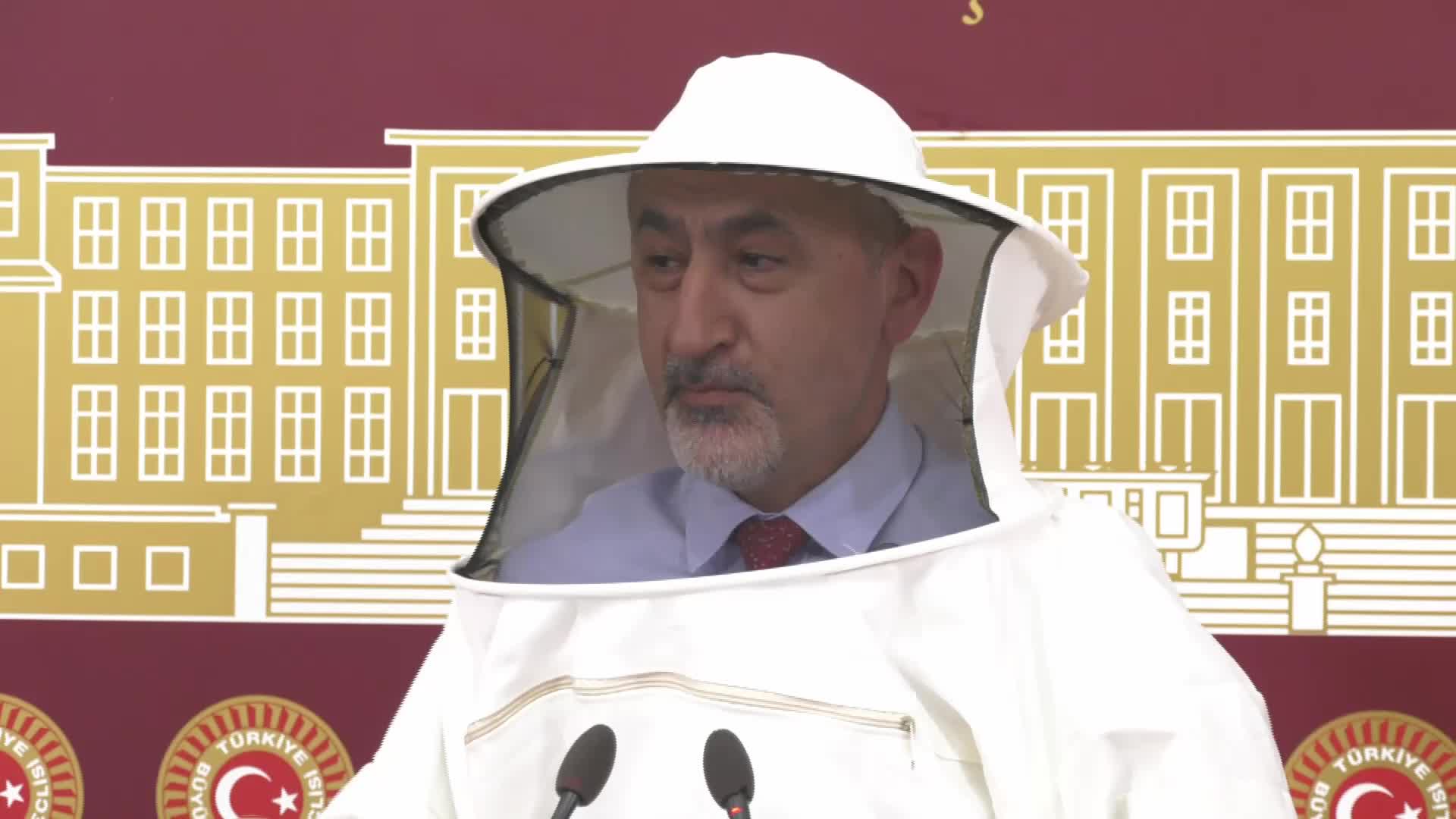 MECLİS'E ARICI KIYAFETİYLE GELDİ